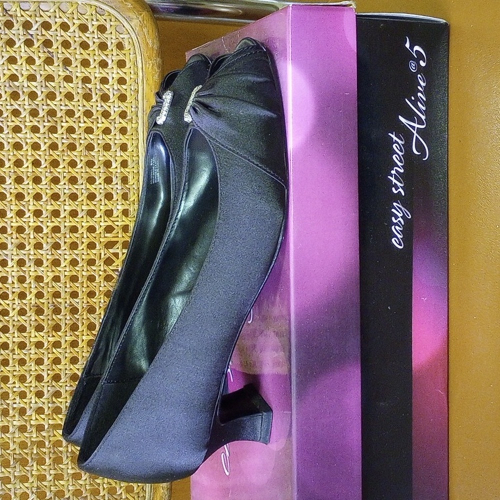 Easy Street Alive 5 Lunari Black Open Toe Satin Heels, Rhinestones, Leather Sole - Picture 4 of 9